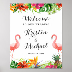 Tropical Floral Flamingo Couple Luau Wedding Sign