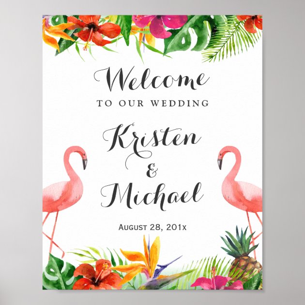 Tropical Floral Flamingo Couple Luau Wedding Sign