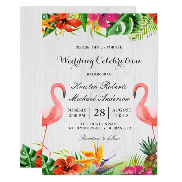 Tropical Floral Flamingo Couple Wedding Invitation