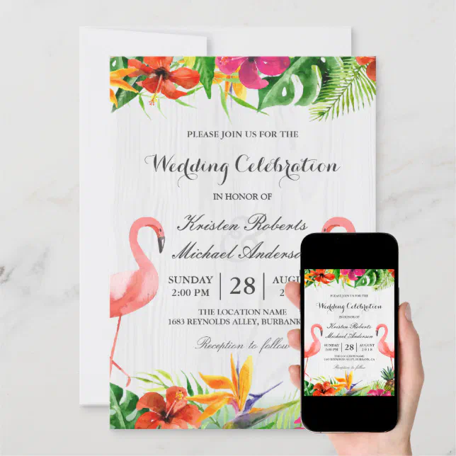 Tropical Floral Flamingo Couple Wedding Invitation | Zazzle