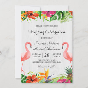 Tropical Floral Flamingo Couple Wedding Invitation