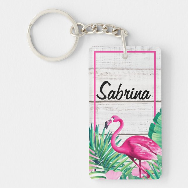 Tropical Floral Flamingo Custom Name Summer Beach Keychain (Front)