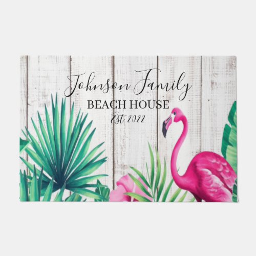 Tropical Floral Flamingo Family Name Beach House Doormat