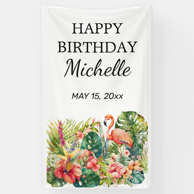 Tropical Floral Flamingo Happy Birthday Name Banner (Vertical)