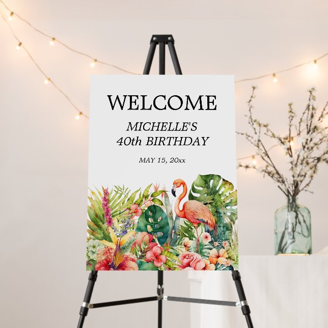 Tropical Floral Flamingo Happy Birthday Name Foam Board (In Situ (Stand))