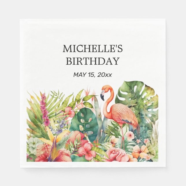 Tropical Floral Flamingo Happy Birthday Name Napkins (Front)