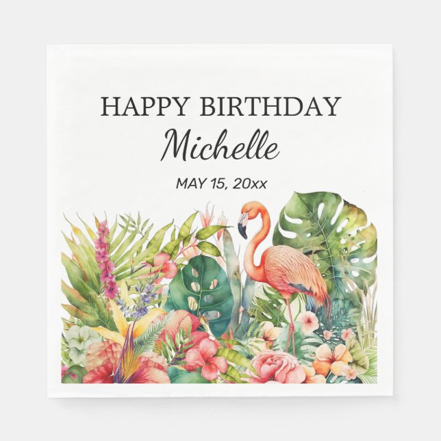 Tropical Floral Flamingo Happy Birthday Name Napkins (Front)