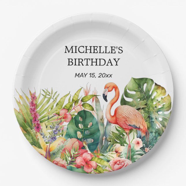 Tropical Floral Flamingo Happy Birthday Name Paper Plates (Front)