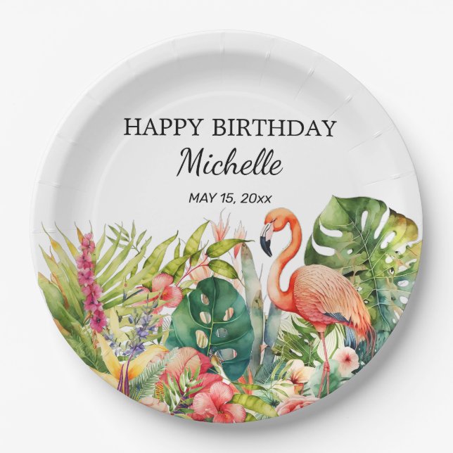 Tropical Floral Flamingo Happy Birthday Name Paper Plates (Front)