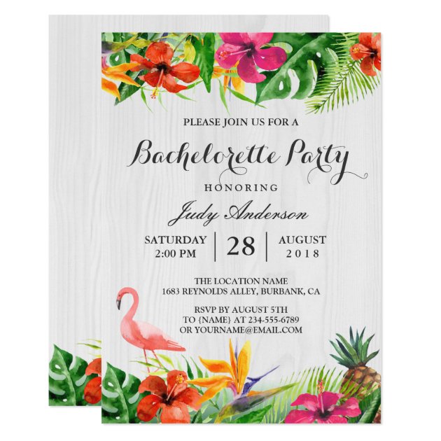 Tropical Floral Flamingo Luau Bachelorette Party Invitation