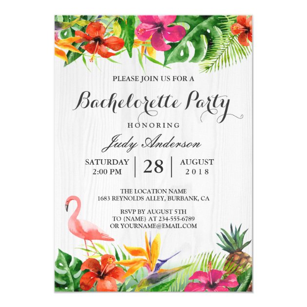 Tropical Floral Flamingo Luau Bachelorette Party Invitation