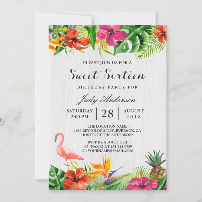 Tropical Floral Flamingo Luau | Sweet 16 Birthday Invitation (Front)
