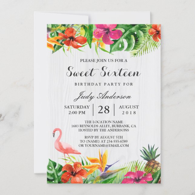 Tropical Floral Flamingo Luau | Sweet 16 Birthday Invitation (Front)