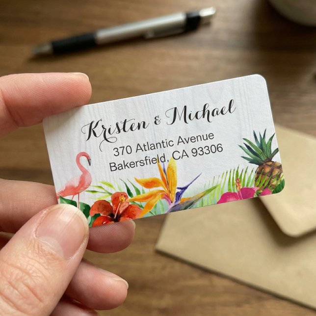 Tropical Floral Flamingo Pineapple Rustic Wood Label (Creator Uploaded)
