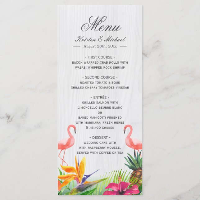 Tropical Floral Flamingo Pineapple Wedding Menu (Front)