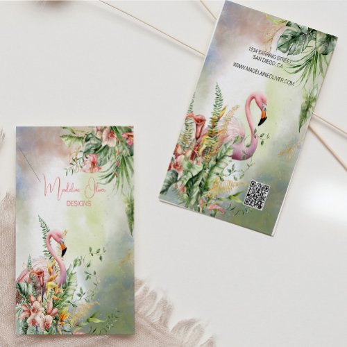  Tropical Floral Flamingo QR Code Display Business Card