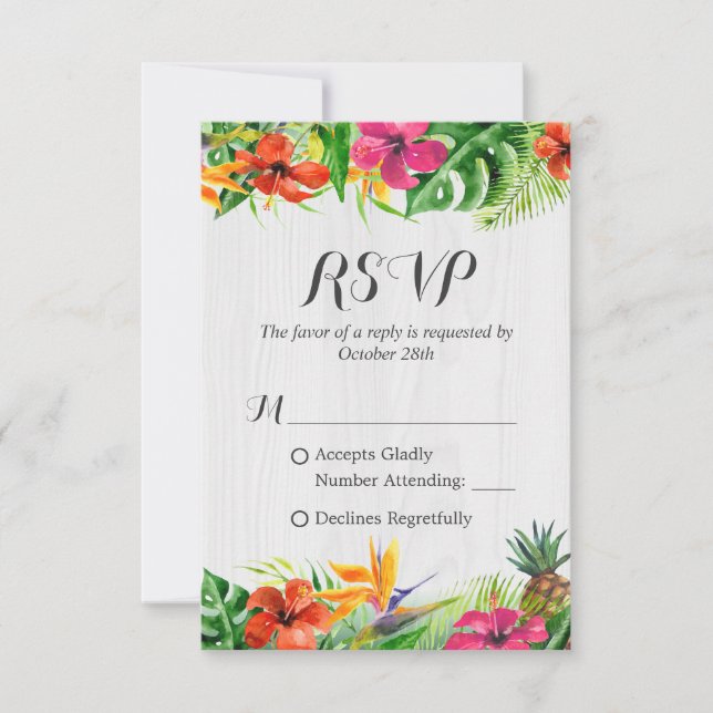 Tropical Floral Flamingo Rustic Wood Wedding RSVP (Front)