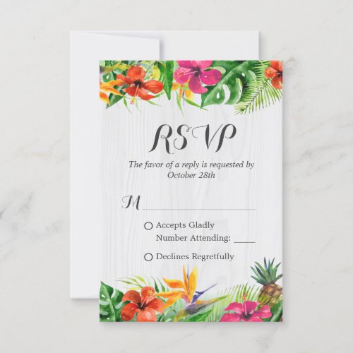 Tropical Floral Flamingo Rustic Wood Wedding RSVP