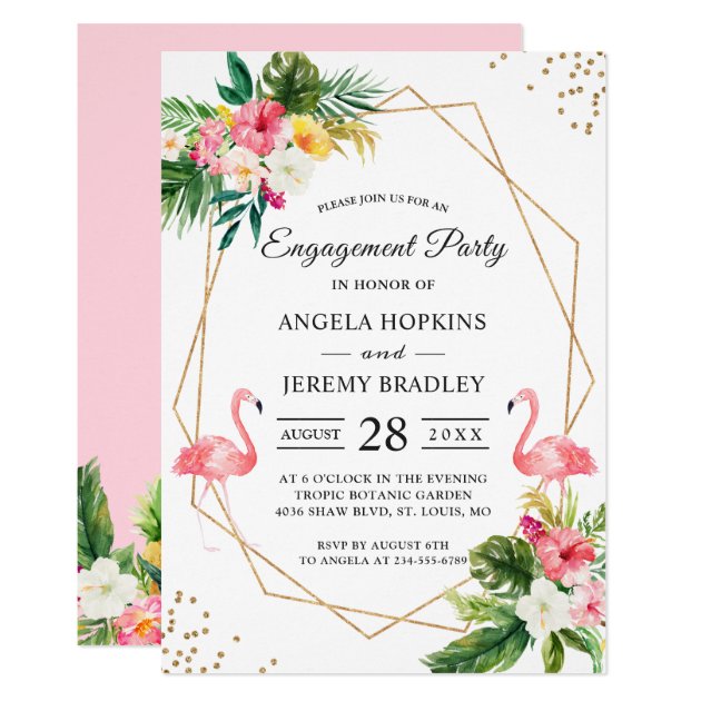 Tropical Floral Flamingo Summer Engagement Party Invitation
