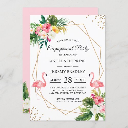 Tropical Floral Flamingo Summer Engagement Party Invitation