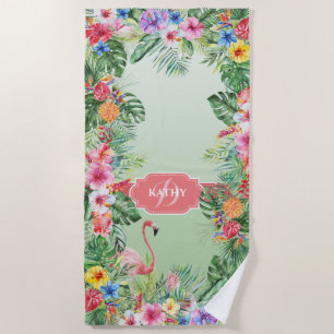 Tropical Floral Flamingo Watercolor Monogram Name Beach Towel