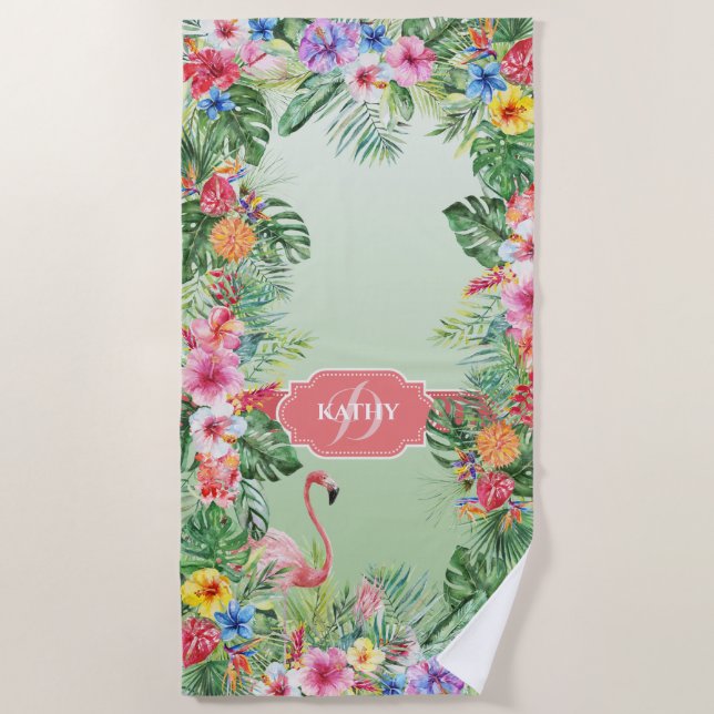 Tropical Floral Flamingo Watercolor Monogram Name Beach Towel (Front)