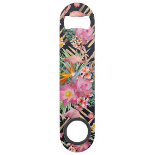 tropical floral flamingos and gold strokes bar key