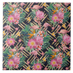 tropical floral flamingos and gold strokes ceramic tile