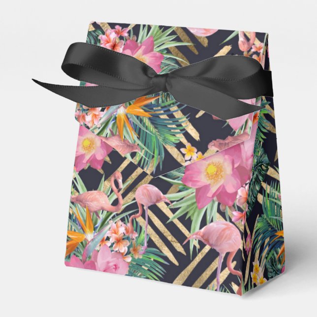 tropical floral flamingos and gold strokes favor boxes (Front Side)