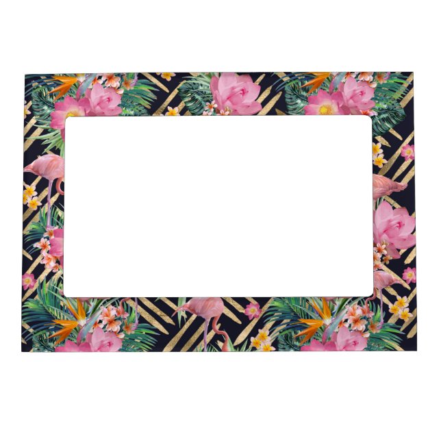 tropical floral flamingos and gold strokes magnetic frame (Front)
