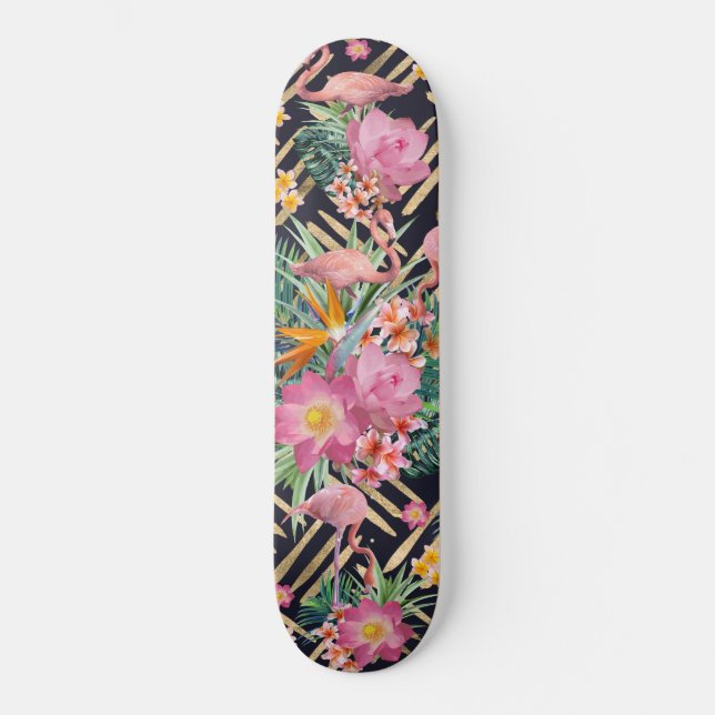 Tropical floral, flamingos and gold strokes skateboard deck (Front)
