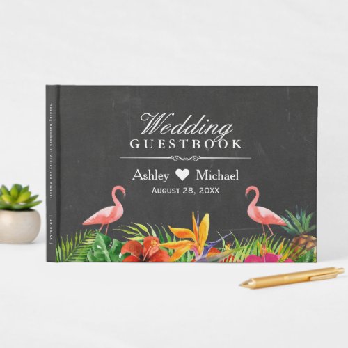 Tropical Floral Flamingos Chalkboard Wedding Guest Book