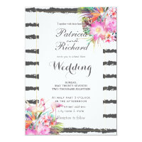 Tropical floral flamingos stripes wedding design card