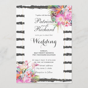 Tropical floral flamingos stripes wedding design invitation