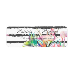 Tropical floral flamingos stripes wedding design label