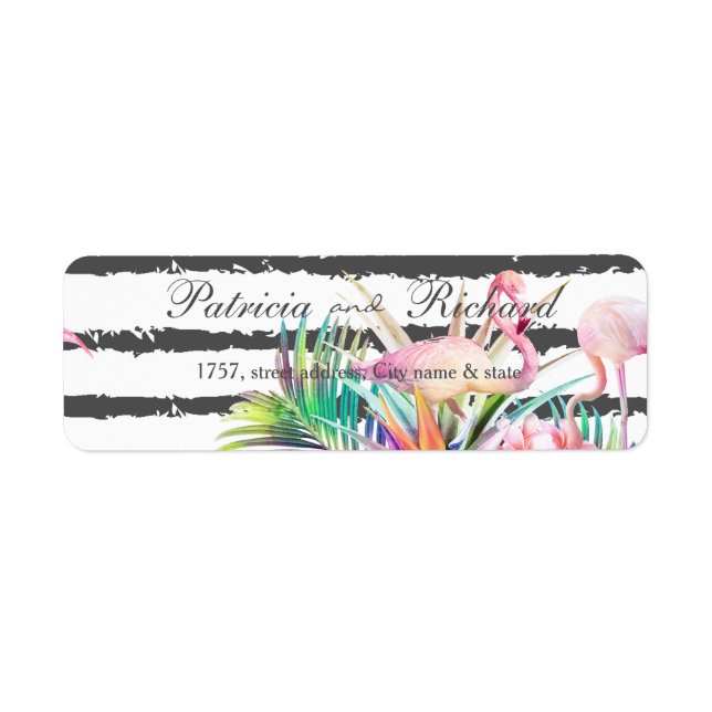 Tropical floral flamingos stripes wedding design label (Front)
