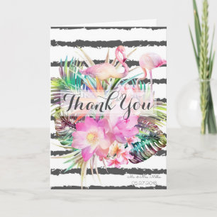 Tropical floral flamingos stripes wedding design thank you card