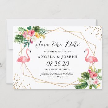 Tropical Floral Flamingos Summer Save The Date by CardHunter at Zazzle