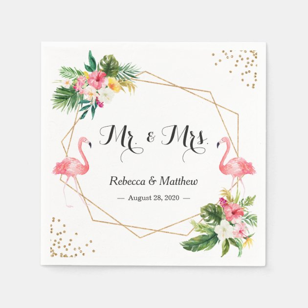 Tropical Floral Flamingos Wedding Mr. And Mrs. Napkin