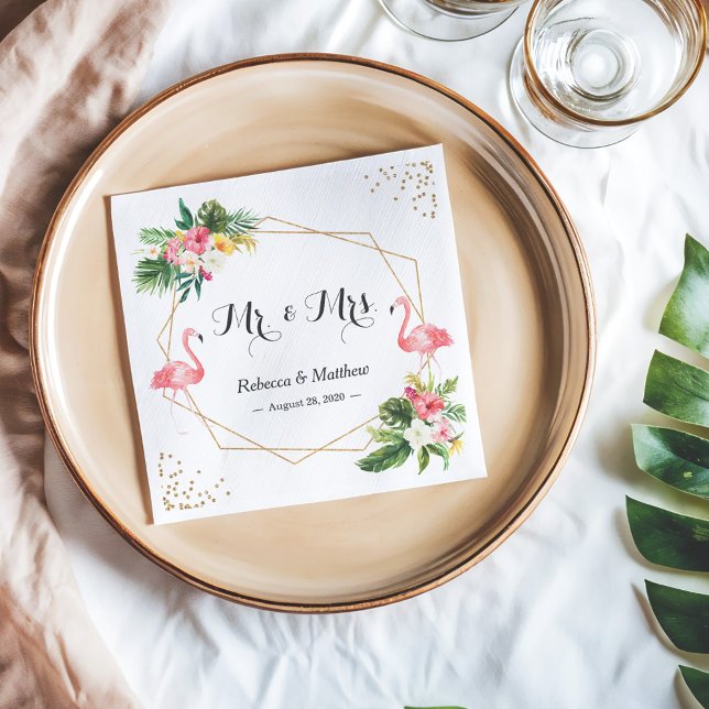 Tropical Floral Flamingos Wedding Mr. and Mrs. Napkins (Creator Uploaded)