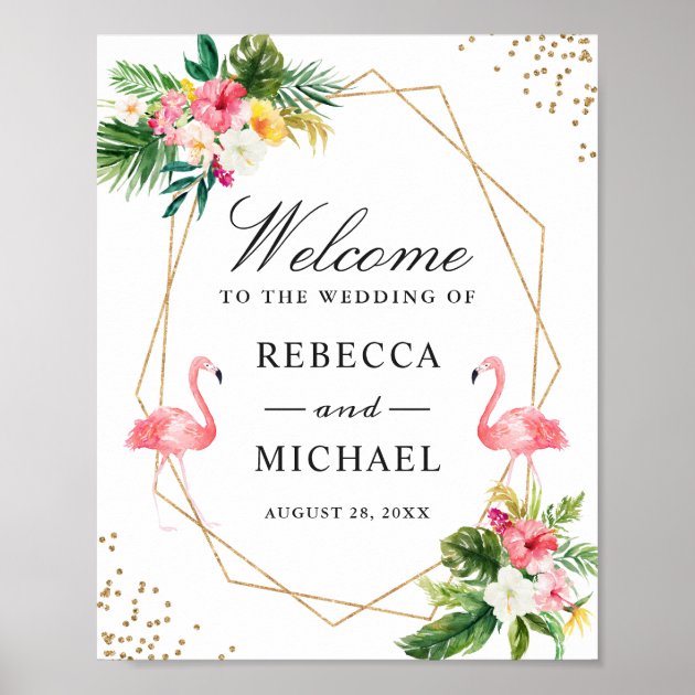 Tropical Floral Flamingos Wedding Welcome Sign