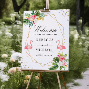 Tropical Floral Flamingos Wedding Welcome Sign