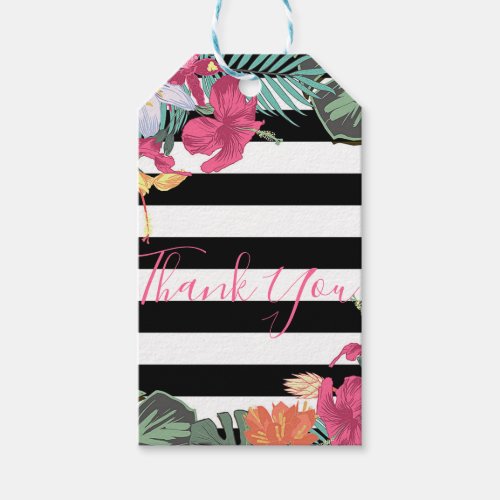 Tropical Floral Flowers Leaves Black White Stripes Gift Tags