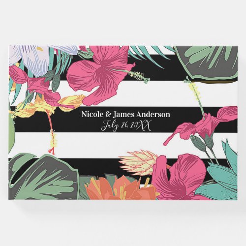 Tropical Floral Flowers Leaves Black White Stripes Guest Book
