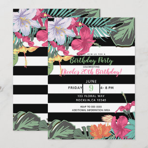 Tropical Floral Flowers Leaves Black White Stripes Invitation