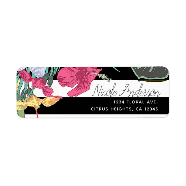 Tropical Floral Flowers Leaves Black White Stripes Label (Front)