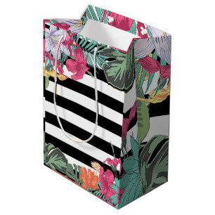 Tropical Floral Flowers Leaves Black White Stripes Medium Gift Bag