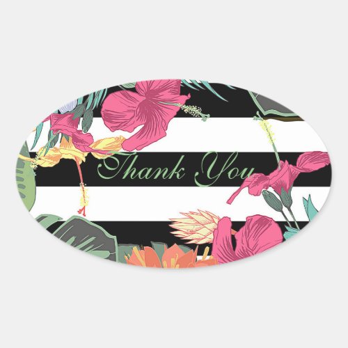 Tropical Floral Flowers Leaves Black White Stripes Oval Sticker