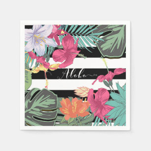 Tropical Floral Flowers Leaves Black White Stripes Paper Napkins