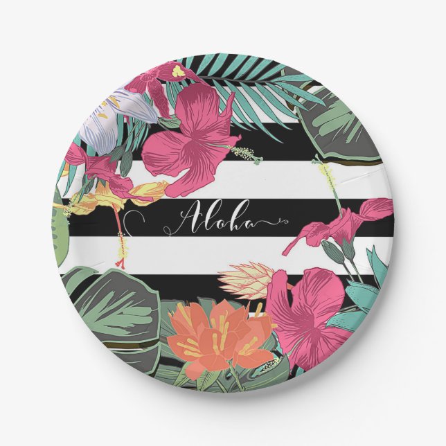 Tropical Floral Flowers Leaves Black White Stripes Paper Plates (Front)